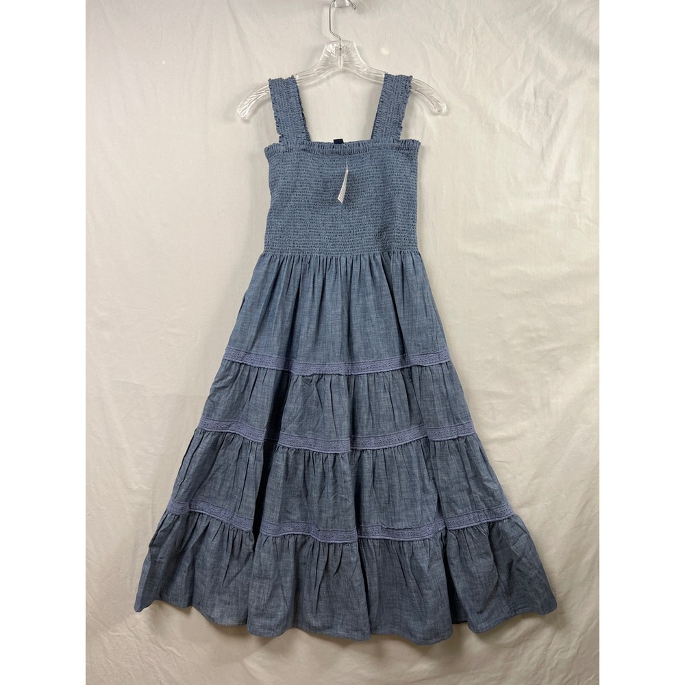 Lands End Midi Dress Womens XS Blue Smocked Tiered Lace Trim Chambray Cotton